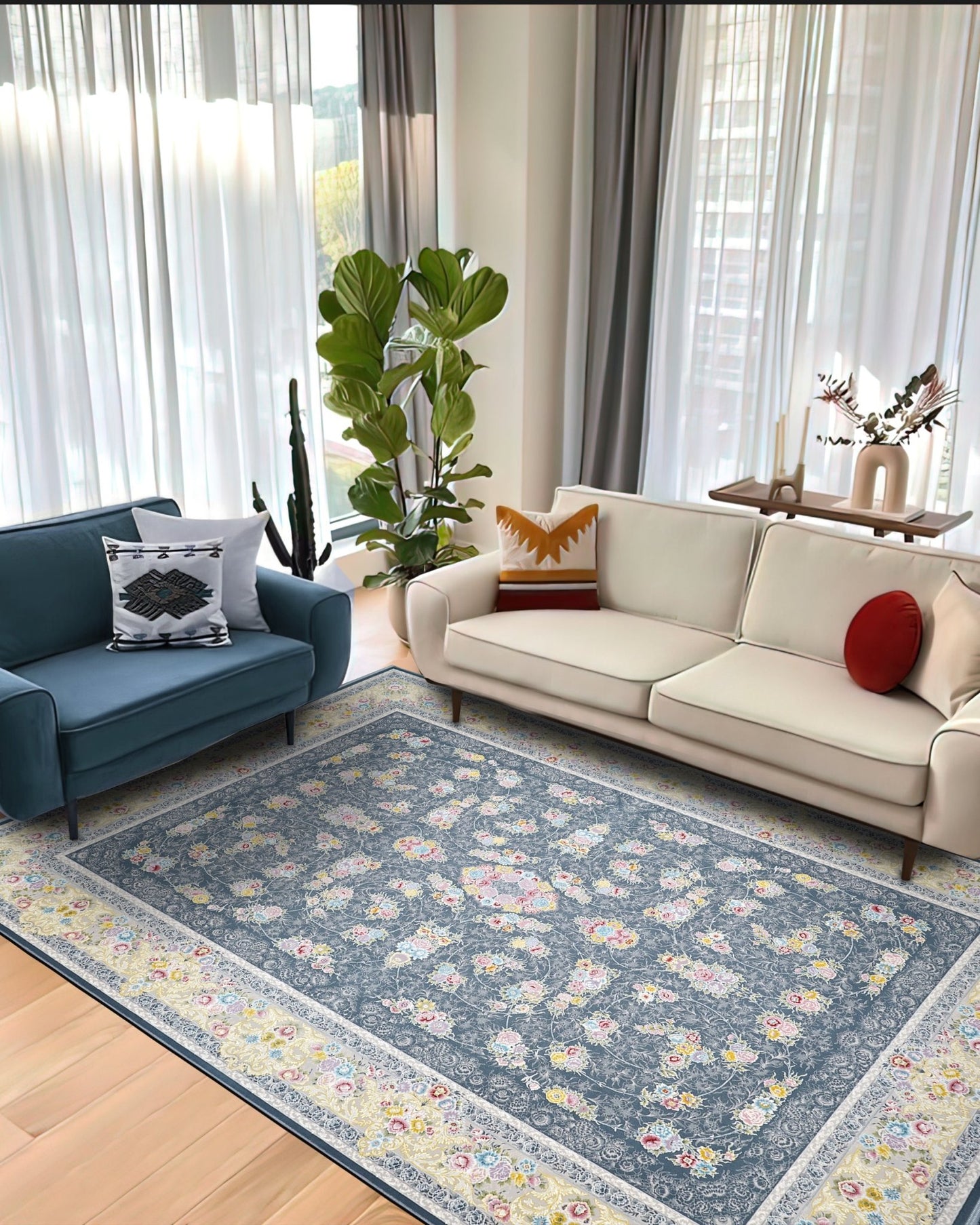 Charcoal Bloom Floral Rug - beUNIQ