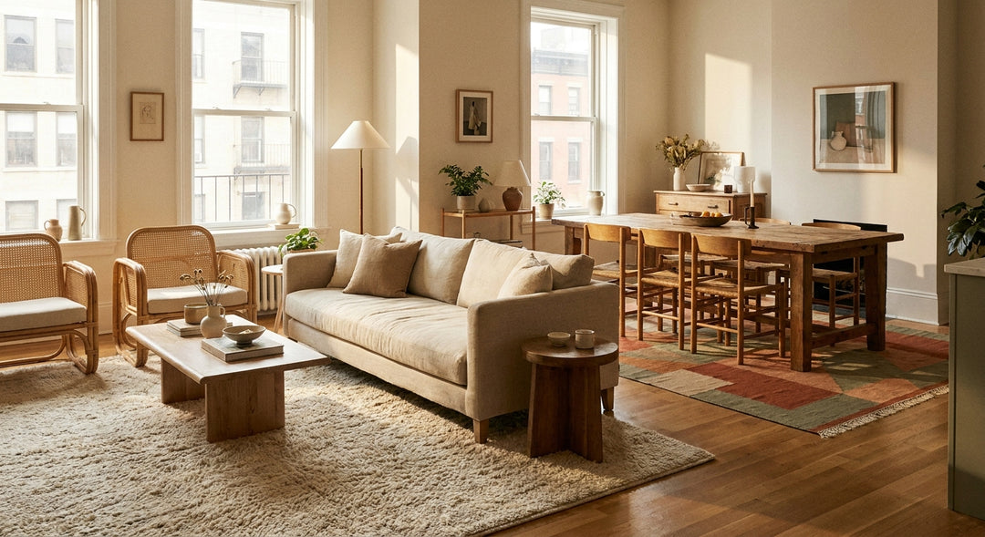 A bright open-plan living and dining room zoned by two distinct designer rugs, bathed in warm natural light with a calm, curated aesthetic.