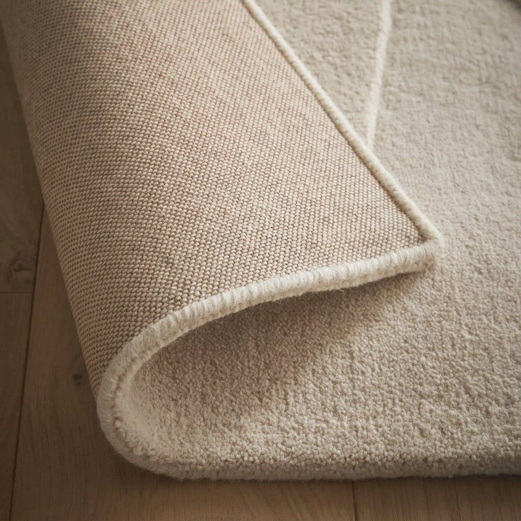 A close-up of a natural beige rug on a wood floor, with its corner curled back to reveal its light taupe-beige backing and a cream whip-stitched edge.