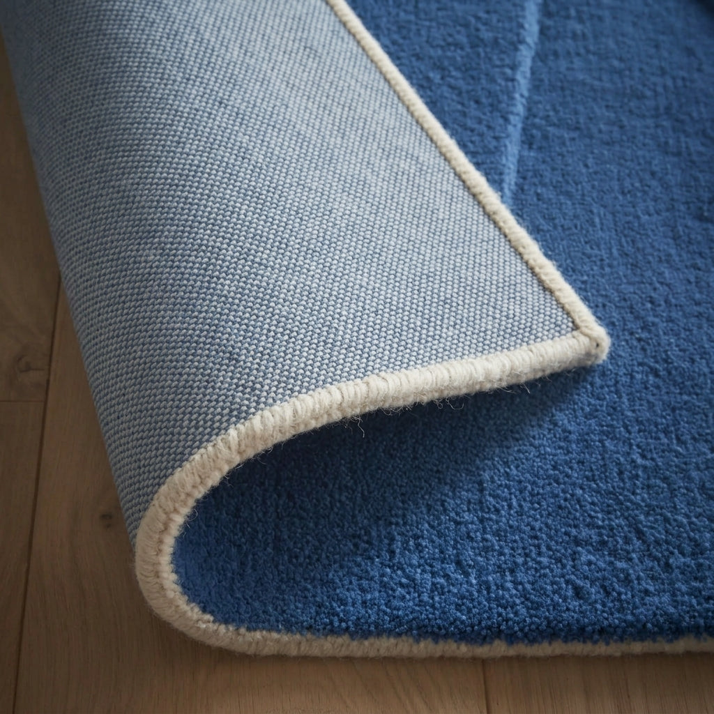 A close-up of a rich, cool-toned blue rug on a wood floor, with its corner curled back to reveal its detailed light blue woven backing and a cream whip-stitched edge.