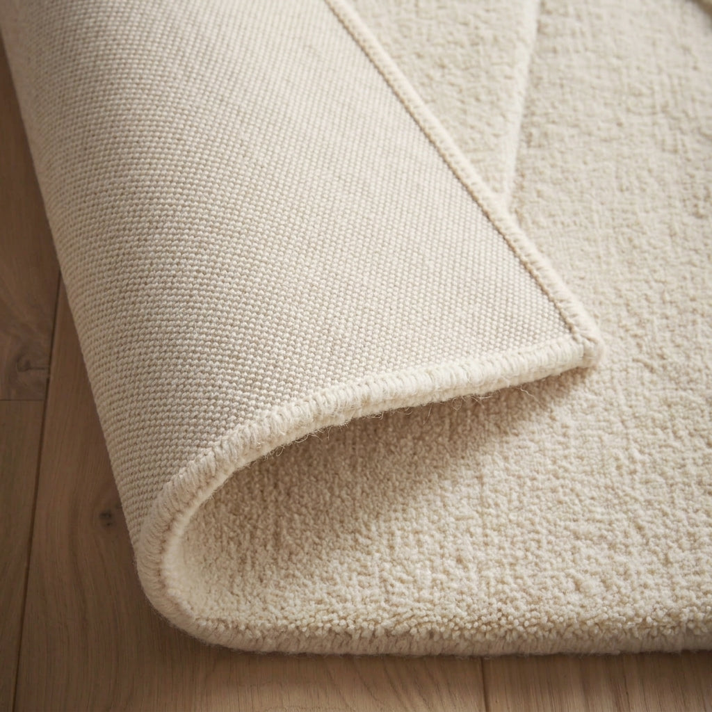 A close-up of a natural beige rug on a wood floor, with its corner curled back to reveal its light taupe-beige backing and a cream whip-stitched edge.