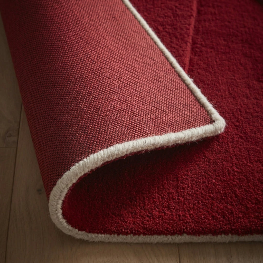 A close-up of a deep crimson red rug on a wood floor, with its corner curled back to reveal its textured red backing and a cream whip-stitched edge.