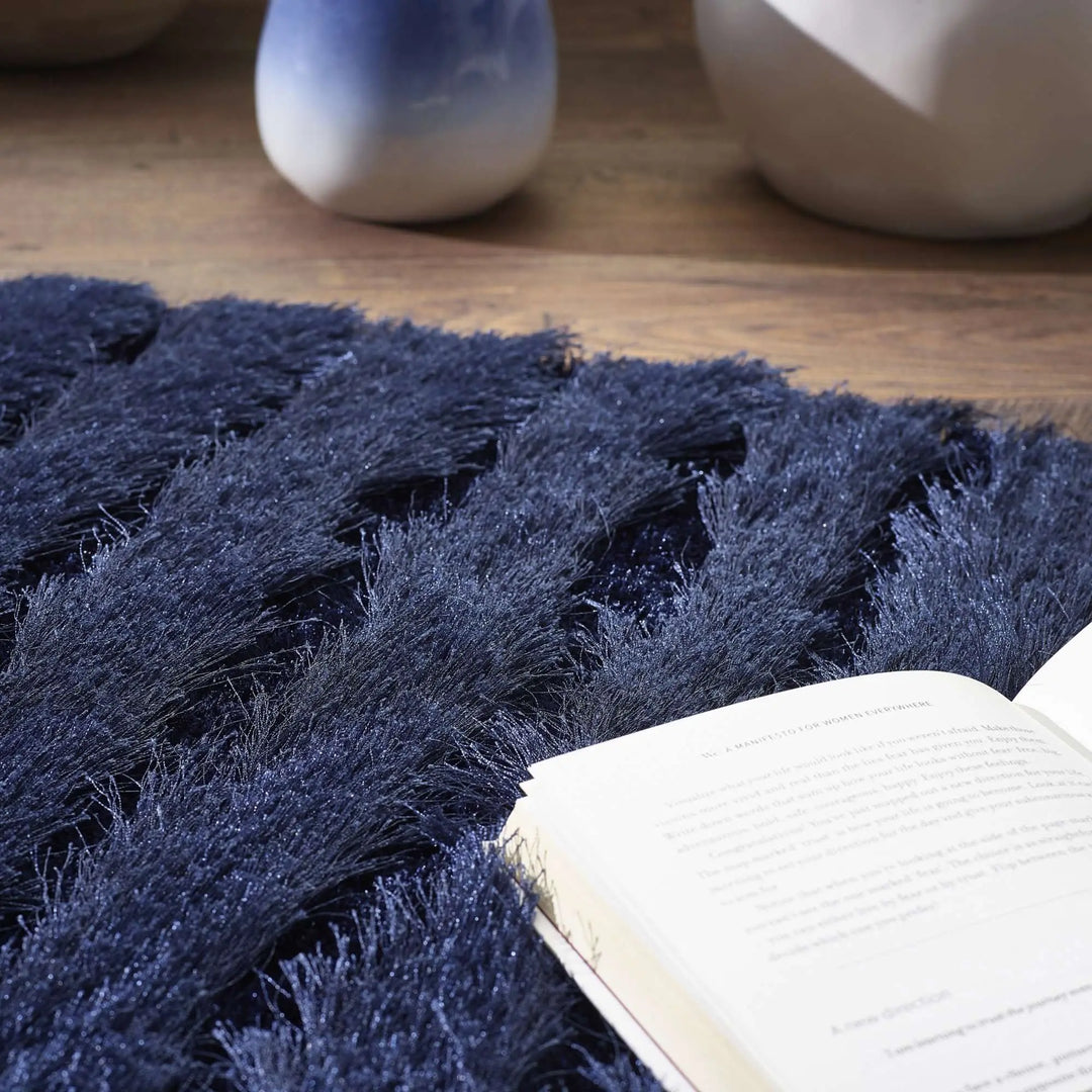 Thick Wool Ribbed Rug Origins Carved Glamour Navy Rug | Thick Ribbed Soft Polyester – beUNIQ