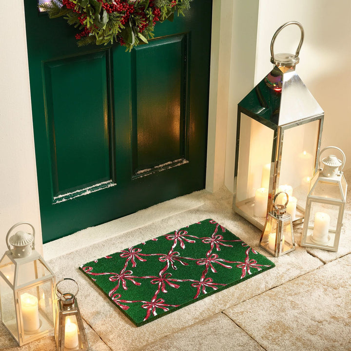 Phoenox Textiles Festive Bows Natural Coir Doormat 40x60cm Green - beUNIQ - 40x60cm Doormat - Christmas Doormat