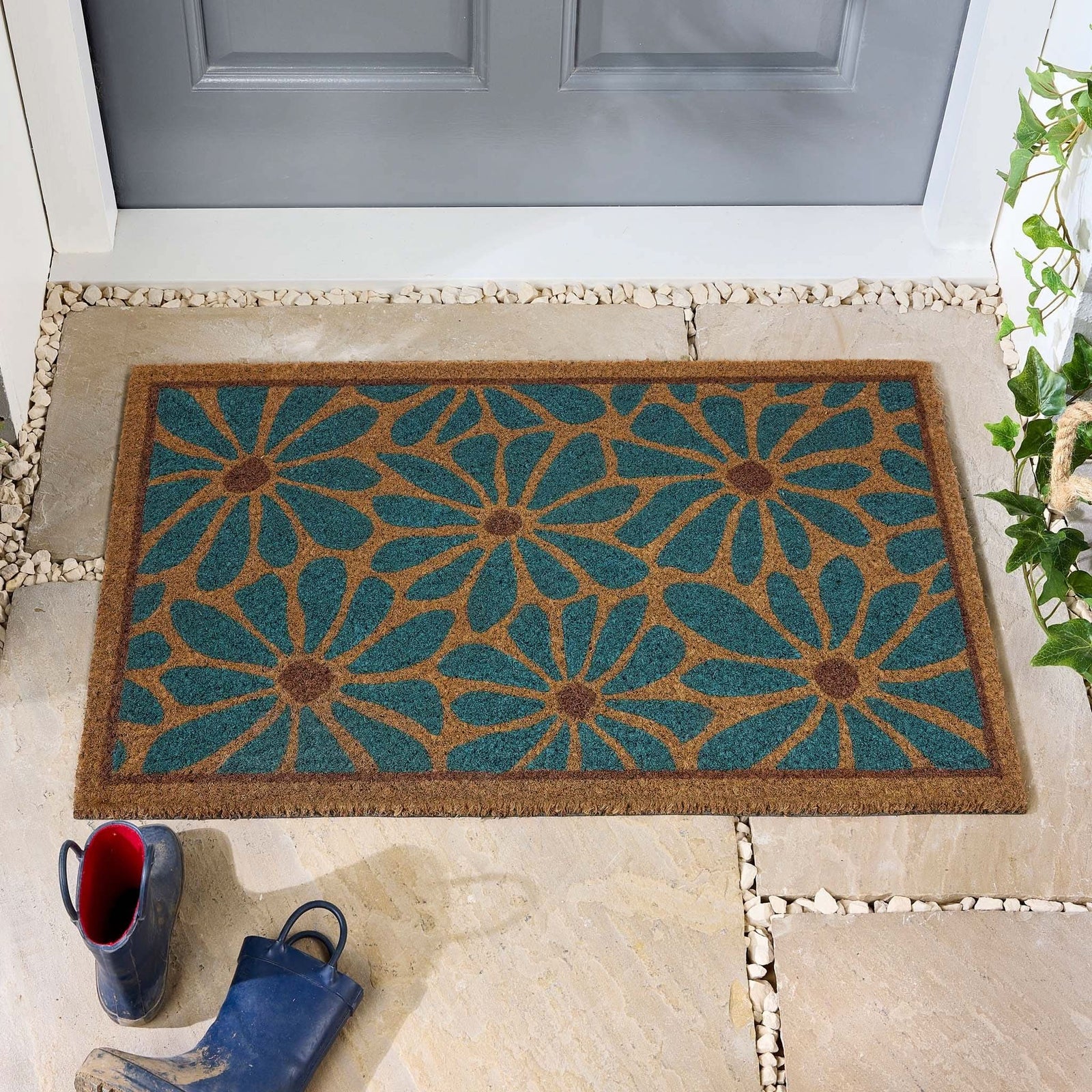 My Mat Boho Floral Printed Coir Doormat Blue 45x75cm - beUNIQ - blue floral mat - boho door mat