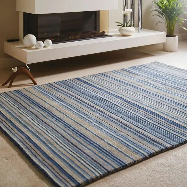 Origins Fine Stripes Blue Beige Hand Woven Pure Wool Rug - beUNIQ - blue beige rug - 80x150 - Created by Product Upload