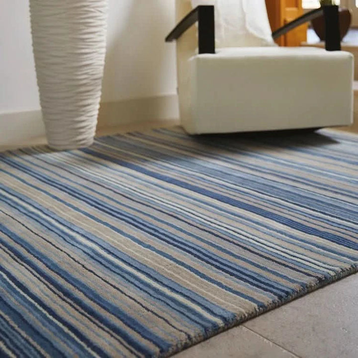 Origins Fine Stripes Blue Beige Hand Woven Pure Wool Rug - beUNIQ - blue beige rug - 067x200 - Created by Product Upload