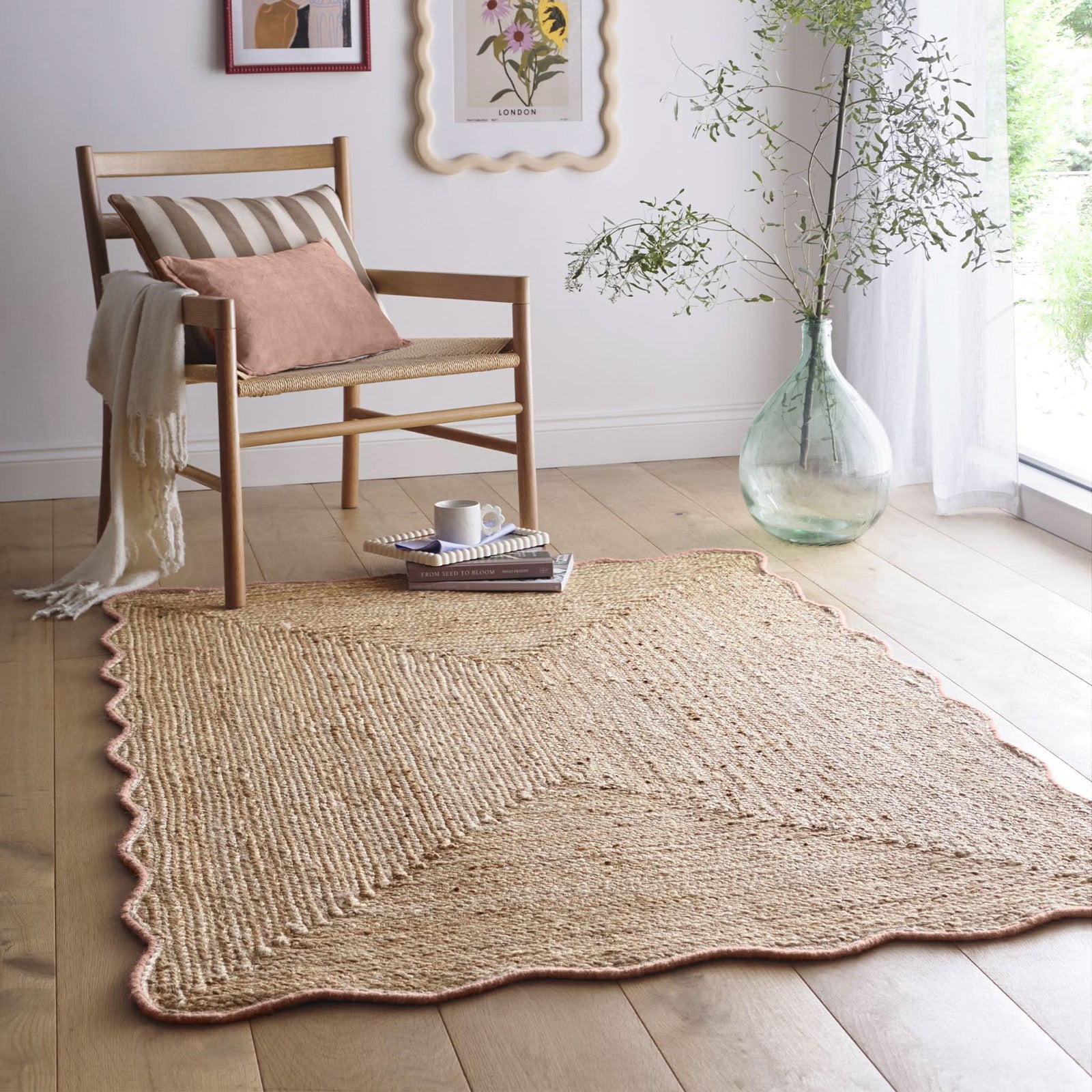 Origins Jute Scalloped Edge Rug Peach Wool Border - beUNIQ - Created by Product Upload - 120x170 - handwoven rug