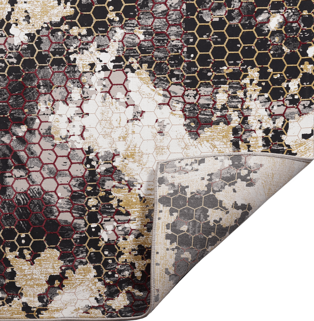 Black Burgundy Yellow Modern Abstract Polypropylene Area Rug, detail view