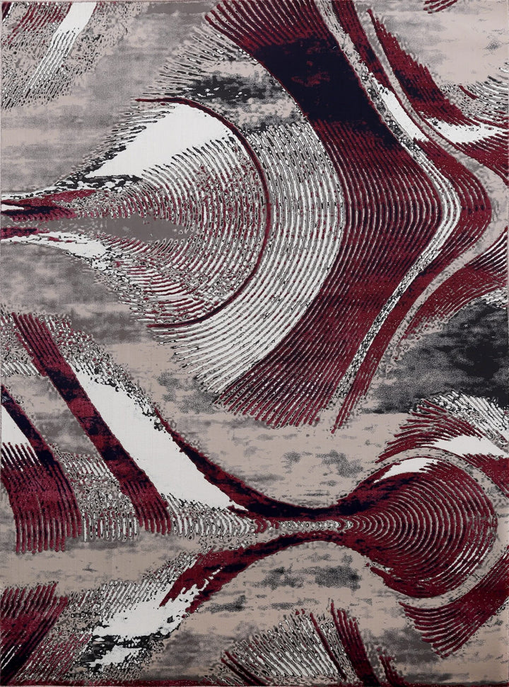 Burgundy Grey Modern Abstract Polypropylene Area Rug