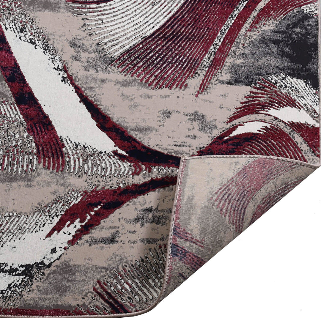 Burgundy Grey Modern Abstract Polypropylene Area Rug, detail view