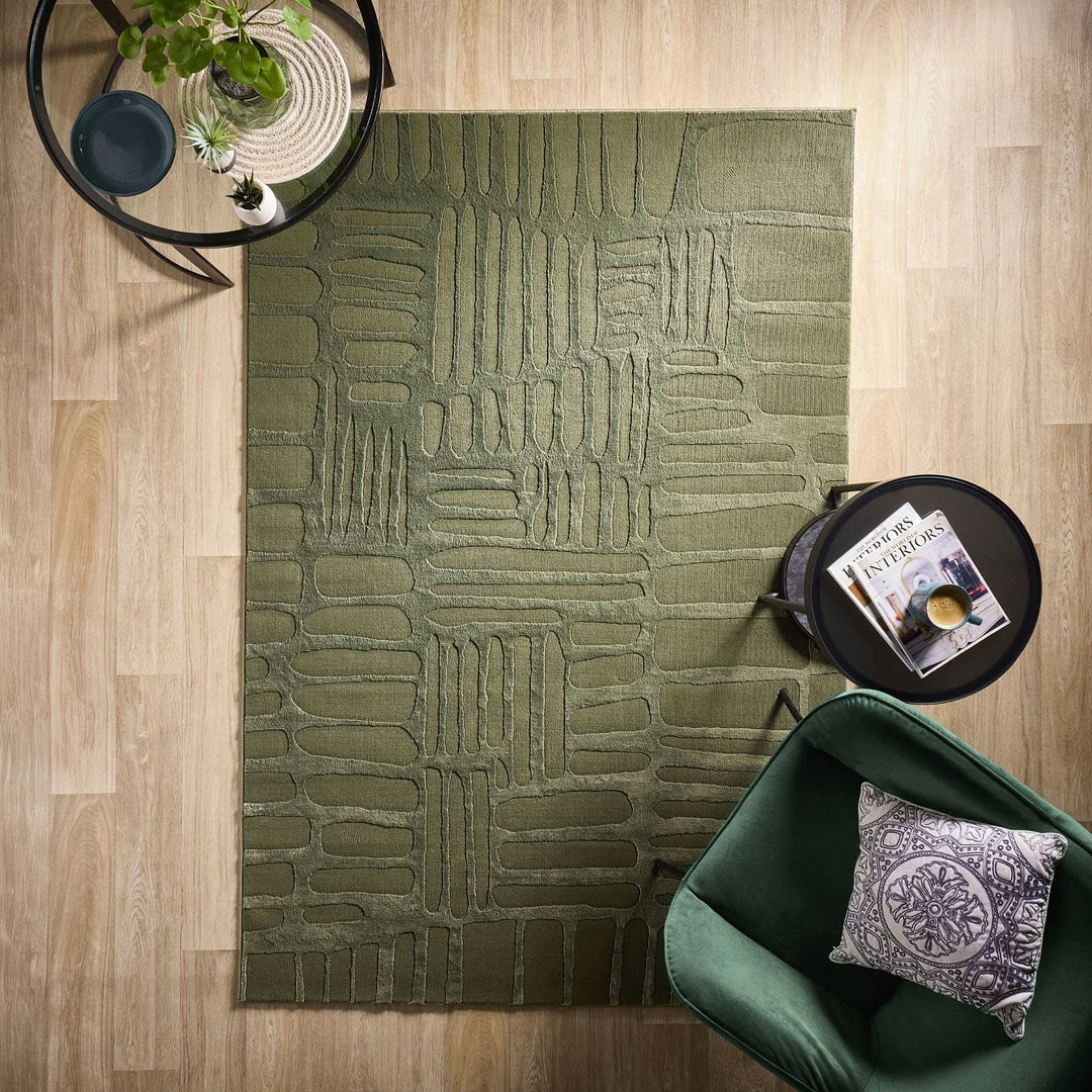 Origins Pathway Green Rug Modern Abstract Geometric Pattern Polyester - beUNIQ - Created by Product Upload - 80x150 - geometric floor rug