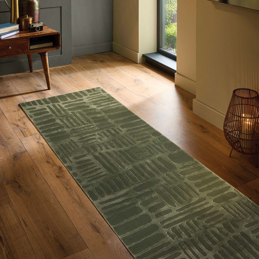 Origins Pathway Green Rug Modern Abstract Geometric Pattern Polyester - beUNIQ - Created by Product Upload - 67x230 - geometric floor rug