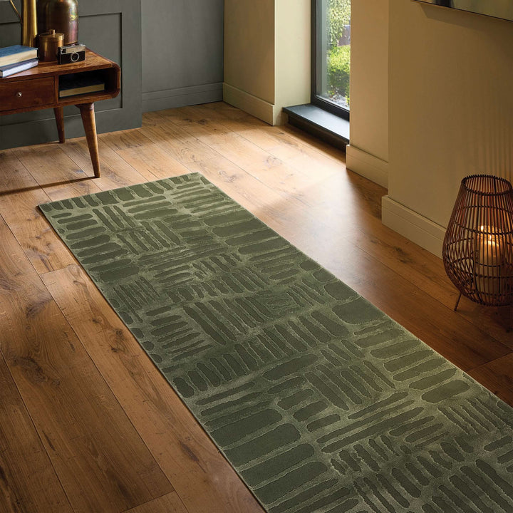 Origins Pathway Green Rug Modern Abstract Geometric Pattern Polyester - beUNIQ - Created by Product Upload - 67x230 - geometric floor rug