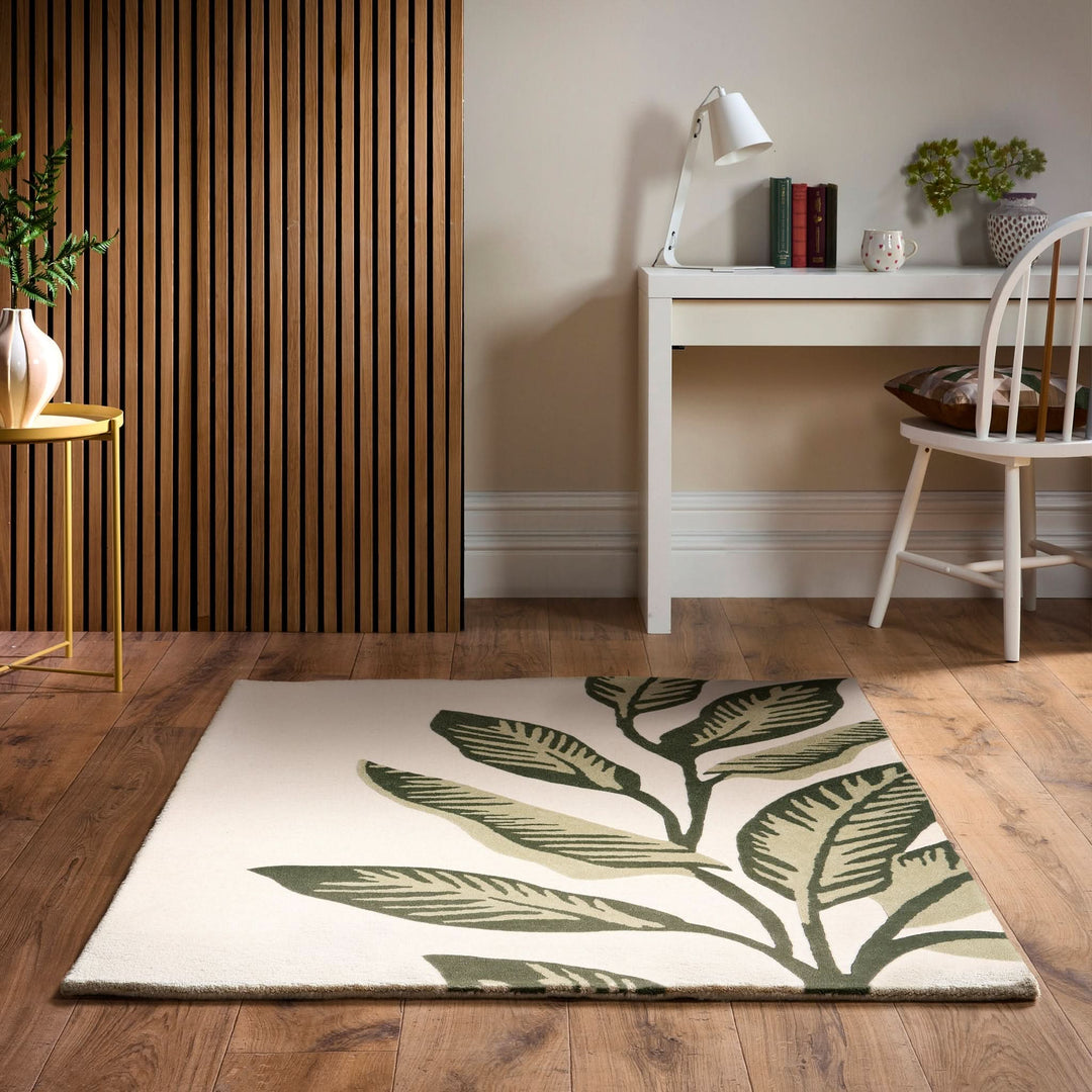 Origins Paradise Leaf Hand - Carved Wool Rug Green Ivory - beUNIQ - Created by Product Upload - 80x150 - green and ivory rug