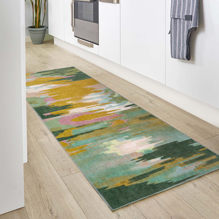 Phoenox Origin Washable Abstract Rug Green Ochre - beUNIQ - abstract rug - 67x200 - Created by Product Upload