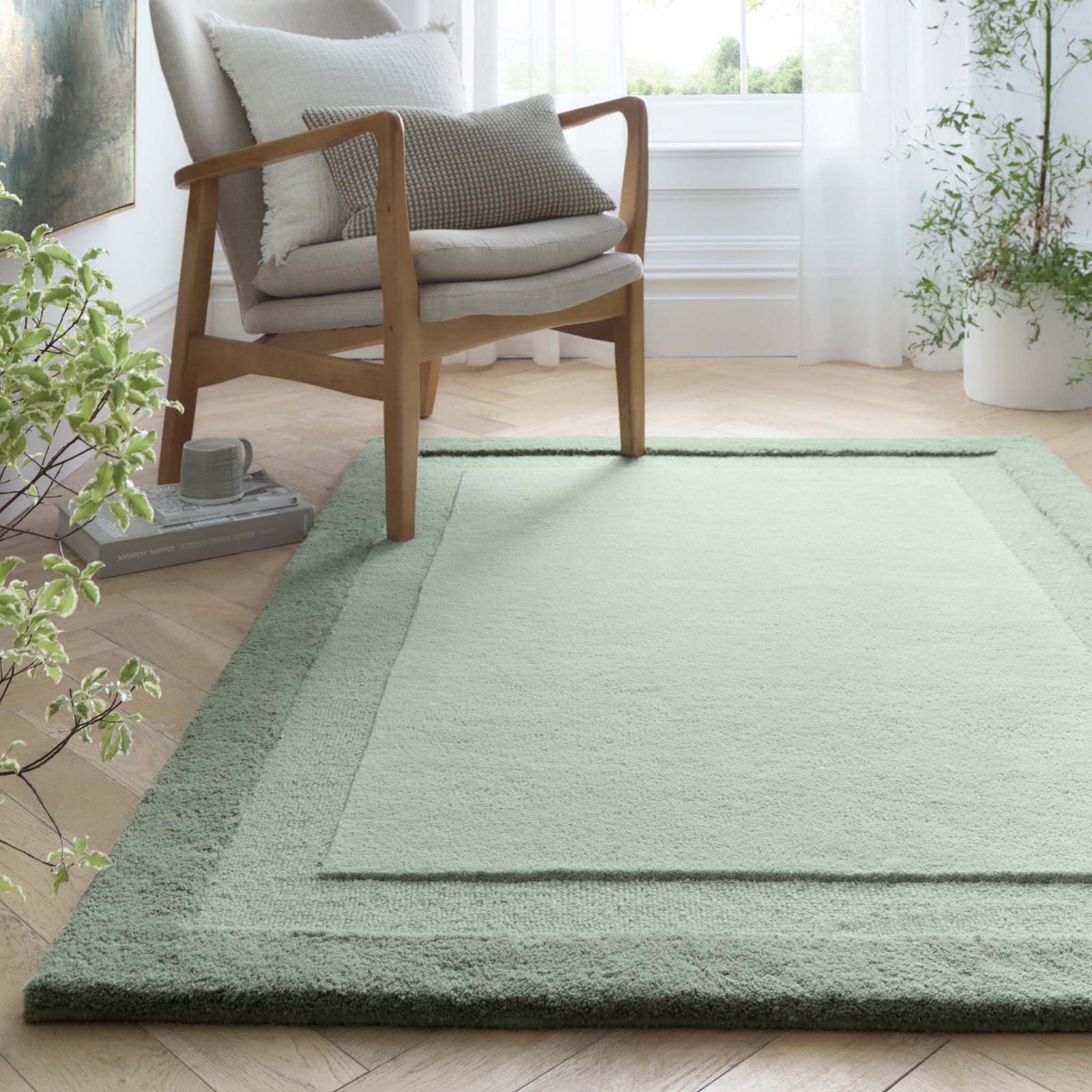 Origins Stacked Border Wool Area Rug in Soft Green - beUNIQ - Created by Product Upload - 120x170 - Modern Living Room Rug