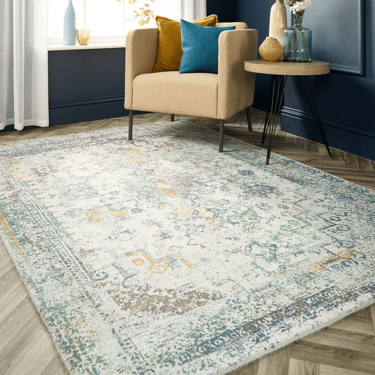 Origins Vogue Distressed Persian Style Blue and Ochre Recycled Rug - beUNIQ - blue and ochre rug - 80cm x 150cm - Created by Product Upload