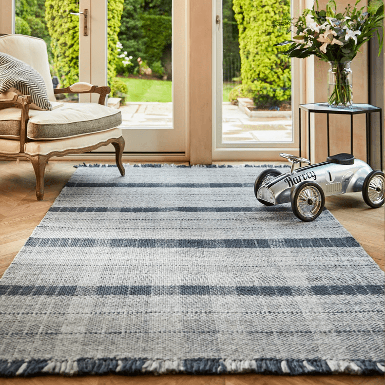 Origins Highland Check Navy Recycled Plastic Washable Flatweave Rug - beUNIQ - Created by Product Upload - 80x150 - Eco - friendly Home Decor