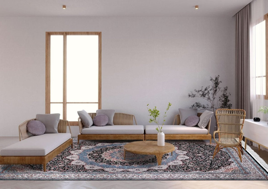 Oriental Area Rug – Highest Quality for Living Room &amp; Bedroom | Large &amp; Small Sizes | Affordable, Elegant &amp; Durable | VI009 - beUNIQ - [With - Fringe] - Round 150x150 cm - Black