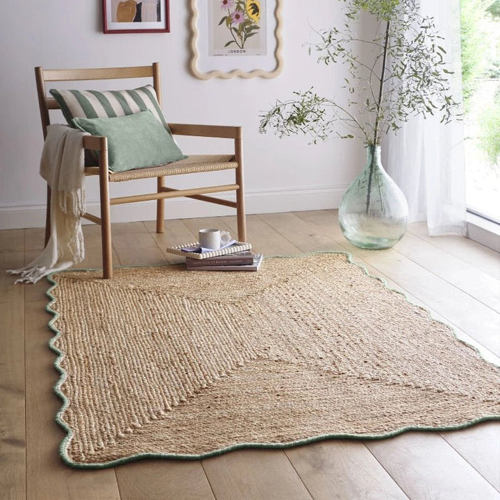 Origins Jute Rug Scalloped Edge with Green Border - beUNIQ - Created by Product Upload - 120x170 cm - Green Wool Border Rug