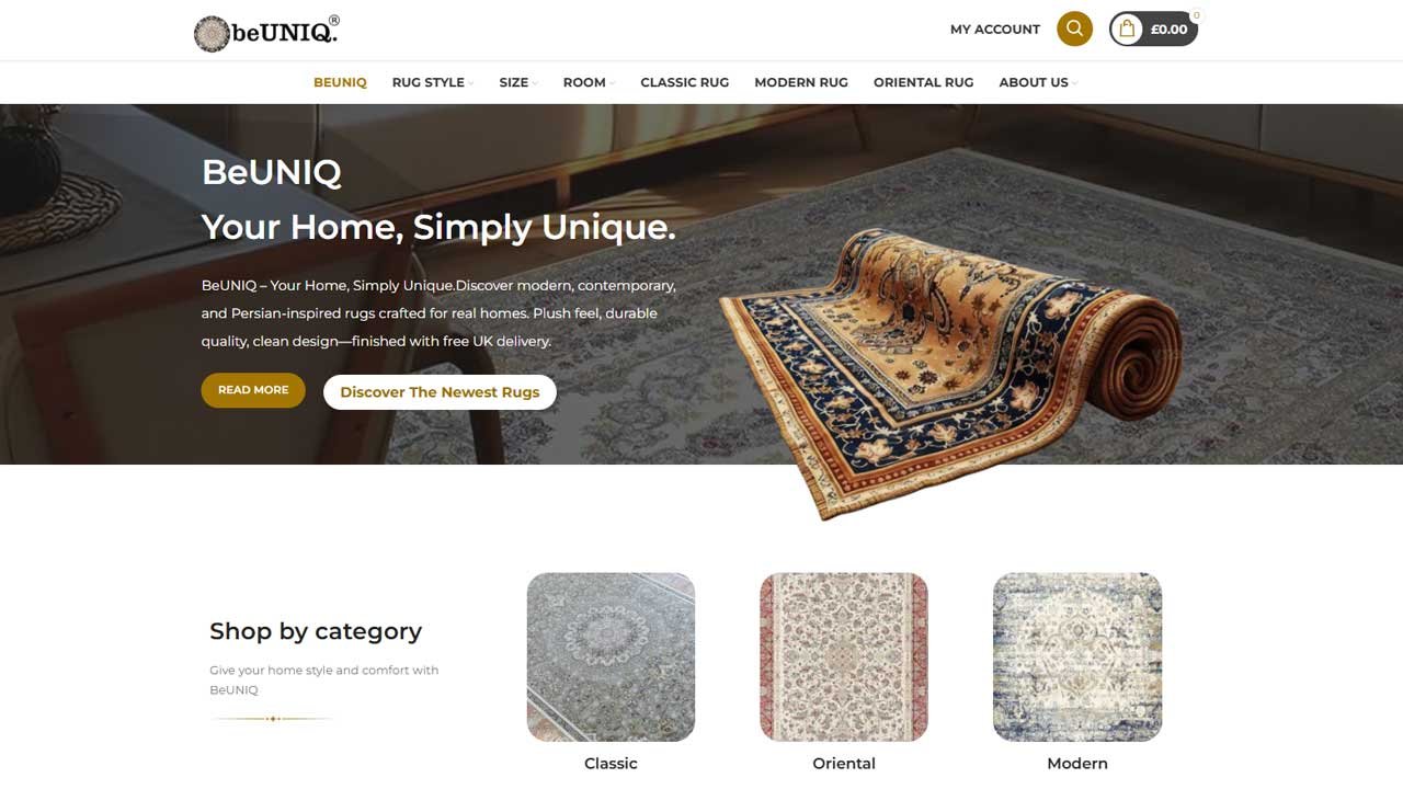A screenshot of the BeUNIQ online rug shop homepage, featuring the slogan "Your Home, Simply Unique." and a large rolled Persian-style rug.