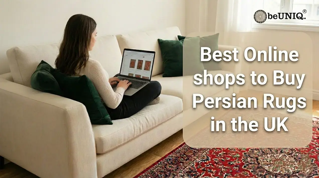 Woman sitting on a beige sofa using a laptop to shop online, with text overlay reading "Best Online shops to Buy Persian Rugs in the UK".