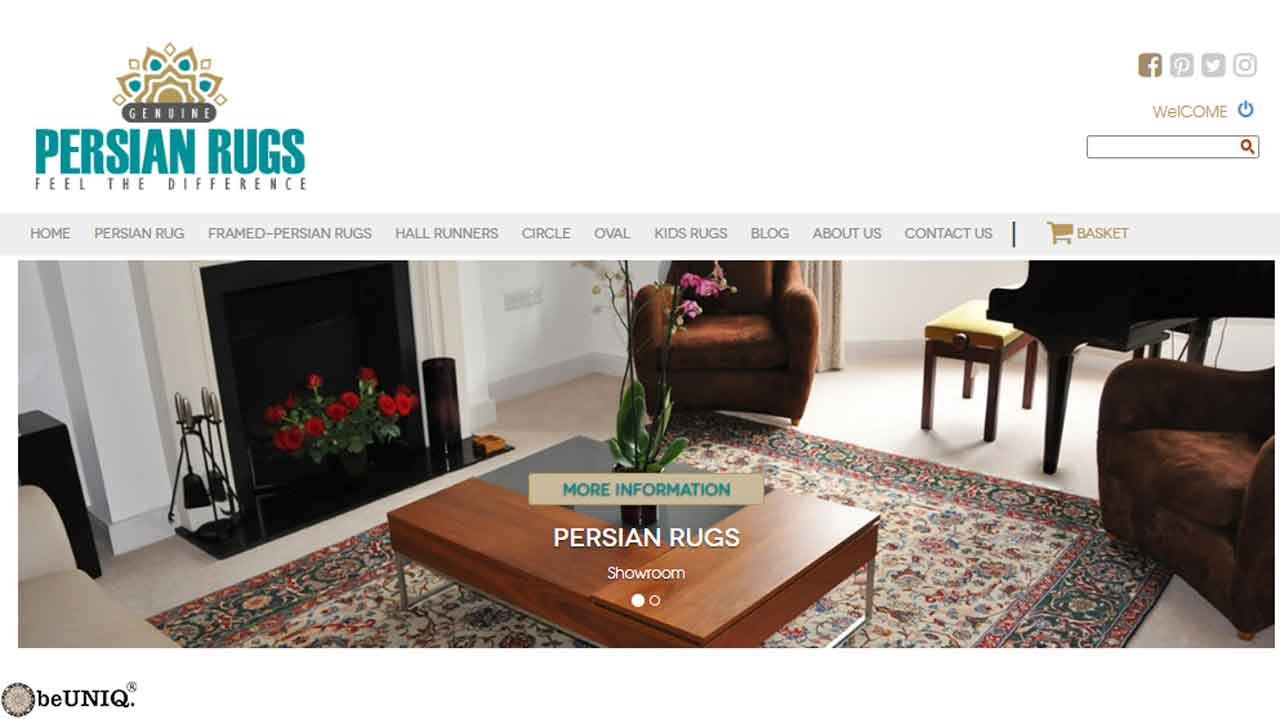 A screenshot of the GENUIN Persian Rugs online shop homepage. It features their logo and a main image of a modern living room with a large Persian rug by a fireplace.