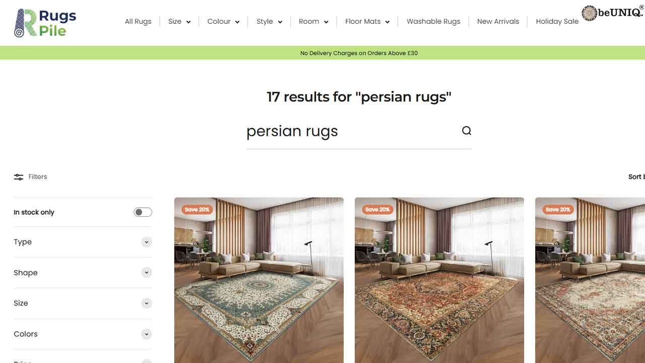 A screenshot of the Rugs Pile UK online shop, showing search results for "persian rugs" with detailed filtering options on the side and several discounted rug listings.