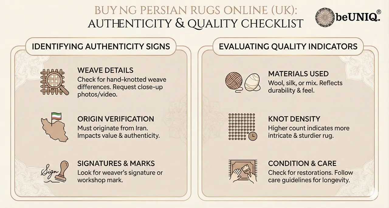 An infographic checklist for buying Persian rugs online. It details how to identify authenticity signs (weave, origin, signatures) and evaluate quality indicators (materials, knot density, condition).