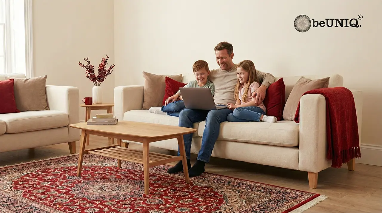 A father and his two children sit together on a light-colored sofa, using a laptop in a cozy living room featuring a large, red Persian rug.